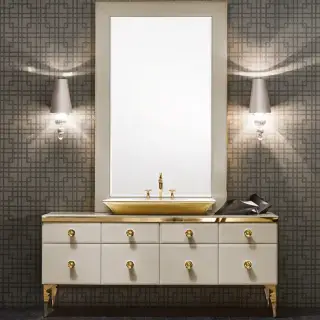 VITAGE milldue edition MAJESTIC Комплект мебели с базой 180см, раковиной NIZZA, зеркалом GINEVRA и светильниками,  напольная, ручки золото Цвет: mandorla-13/золото