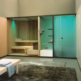 Effegibi BodyLove SH Front Сауна&Хаммам 393x176x220см, угловая SX, цвет: термообработанная древесина/керамогранит Champagne