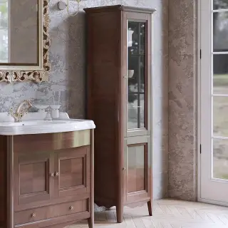 TW Veronica Nuovo колонна напольная с 2-мя дверцами, 3-мя стеклянными полками, доводчиками Blum, ручки бронза, DX - петли справа, Цвет: noce