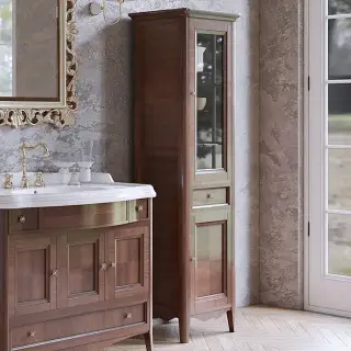 TW Veronica Nuovo колонна напольная с 2-мя дверцами, 1-м выдвижным ящиком, 3-мя стеклянными полками, доводчиками Blum, ручки бронза, DX - петли справа, Цвет: NOCE