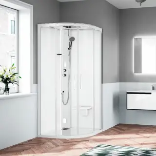 Novellini Glax Душевая кабина 100х100х224см., Standart с крышей , смеситель термостатический, Hammam и сиденье, цвет: белый матовый/стекла прозрачные