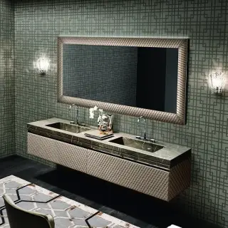 VITAGE milldue edition FOUR SEASONS Комплект мебели с базой, интегрированными раковинами PLANS, зеркалом LOSANNA, 216см, подвесной, цвет: мрамор bronzo amani-B58 экокожа visione-223 черный хром