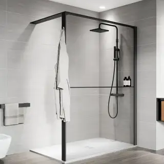 Novellini Kuadra HWS Душевое ограждение 137-140х200cм., с свободным входом, Dx, с полкой, стекло прозрачное, цвет: черный матовый