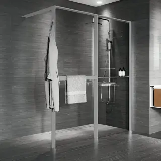 Novellini Kuadra HWZ2 Душевое ограждение 174-177х200cм., с свободным входом, Dx, с полотенцедержателем и полкой, стекло прозрачое, цвет: Silver
