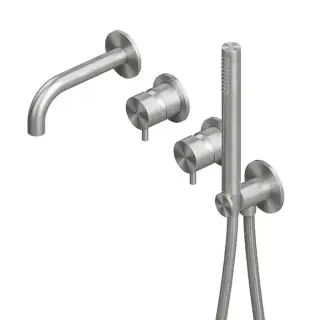 QuadroDesign Source Смеситель для ванны, встраиваемый,  на 2 потребителя с изливом и ручным душем, цвет: brushed stainless steel