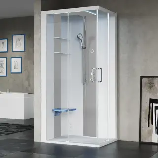 Novellini Skill A Душевая кабина 100х80х217.5cмм., Sx, Essential, поддон 12.5см., с термостатическим смесителем, стекло, цвет: белый глянц/Light grey