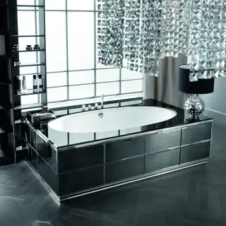 VITAGE milldue edition Ванна 190х100см, стальная, подача воды из водослива, в комплекте с сифоном, основанием и зеркальным топом, отдельностоящая, цвет: белый/Fumè