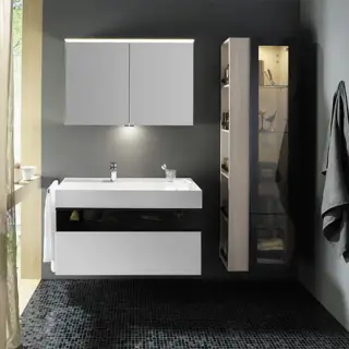 Burgbad Yumo База 101.5х64х47см.с умыв из мин литья с 1 отв под смес,2 выдв ящика с ручкой  Мокка G0179.верхн ящик из дымч стекла, подвесная, цвет: белый глянц.