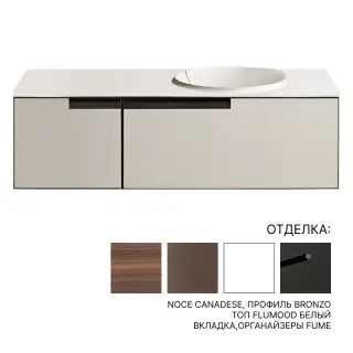 Комплект мебели с раковиной Antonio Lupi ATELIER ATAL290.R4+ATL1.DX+BC154.144+BRECCIA.DX+ATAB254.R4+ATL1.SX+SRI5454+SRC5454+SLIM54.54+SRC5490 NOCE CANADESE, профиль BRONZO/ топ FLUMOOD белый/вкладка,органайзеры Fume