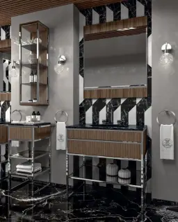 Консоль для ванной комнаты Oasis ACADEMY RIBBED WALNUT 0ACW110OR + 0ACLINB + 0ACTM110LMB3 + 0ACSPW066OR золото, ribbed walnut, мрамор mistic brown, раковина черная керамика