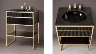 Консоль для ванной комнаты Oasis ACADEMY 0AC1CP108453066OR + 0LVBSTC00000005 + 0ACTTS100253066LMQ рама-золото,декор ribbed G556 черный лак,раковина (54*41*h19 встроенная)-черная керамика,топ на 3 отв.-nero marquina