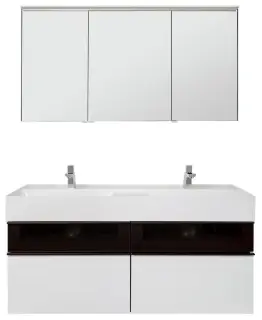 Комплект мебели с раковиной BURGBAD YUMO SFMY132 F3193 K0161 + SPIZ130L F3193 K0014 фронт белый глянец F3193, каркас белый глянец K0161, вставка из стекла, ручки G0179