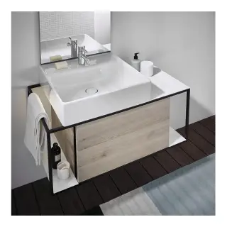 Комплект мебели с раковиной BURGBAD JUNIT SFKQ090L F3151 G0175 K0463 корпус Oak decor flanelle K0463, фронт Flanelle oak decor F3151, металл Black arrodised G0175, раковина белая керамика