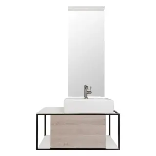 Комплект мебели с раковиной BURGBAD JUNIT SFKQ090L F3151 G0175 K0463 + SIIE050 F3151 К0014 корпус Oak decor flanelle K0463, фронт Flanelle oak decor F3151, металл Black arrodised G0175, раковина белая керамика