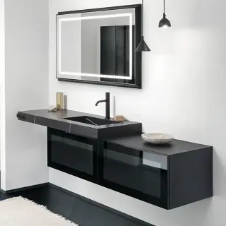 Комплект мебели с раковиной Arbi VETRO L563+B783+F523+A298+6955*2 корпус-ROVERE INCHIOSTRO-823, рама-Nero Spazzolato, стекло-Grigio Europa, топ GRES AZALAI NEGRO-DY