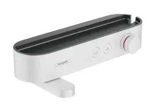 Смеситель для ванны и душа, Hansgrohe, ShowerTablet Select, с полочкой из матового черного пластика, цвет-белый матовый