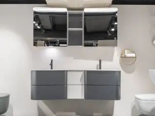 Комплект мебели с раковиной BURGBAD BADU SFUK152 F3689 T0011 G0196 + SFUETO011150 фасад платина T0011, корпус белый матовый F3689, ручки антрацит G0196