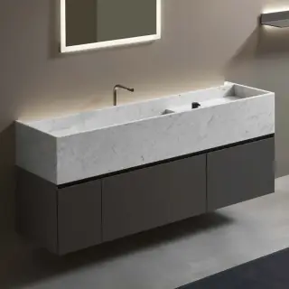 Комплект мебели с раковиной Antonio Lupi STREET CSB374727T.SX+SLIM40.27+CSP374772+SLIM40.72+CSB374754T.DX+SLIM40.54+STREET347.153+STREET24772+STREETLED+BRIDA35*2+NANO+SRI4027+SRI4072+TEKNA2112.108+ES101QV+ES601RV+DOMINO54_N+DOMINO54_L тумба и полка-SMOKE SETA, столешница с раковиной-мрамор BIANCO CARRARA, органайзеры-стекло FUME, вкладыши-NOCE CANALETTO, смеситель-SMOKE OPACO, сифон-черный матовый