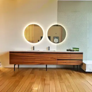 Комплект мебели с раковиной Antonio Lupi BORDERLINE ALAB3354.270+(RAL272+LED_IN)*2+(RAB254+LED_IN)+(RAB654+LED_IN)*2+SLIM54.54+SRC5454*5+SRI5454+SRC5472*2+MR354.306+MRSLOT54(2PZ) NOCE CANALETTO, топ Marmo Carrara