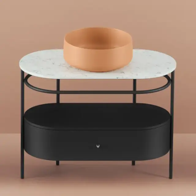 Artceram Flair 4.0 Консоль металлическая с раковиной 95x48хh75см., напольная, с 1 ящиком и мраморной столешницей, цвет: черный матовый/orange cameo