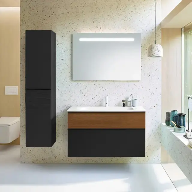 Burgbad Fiumo Комплект подвесной мебели 102х49х61см, с раковиной на 1 отв., ручки черные матовые, цвет: Tectona Dekor Zimt / Graphit Softmatt