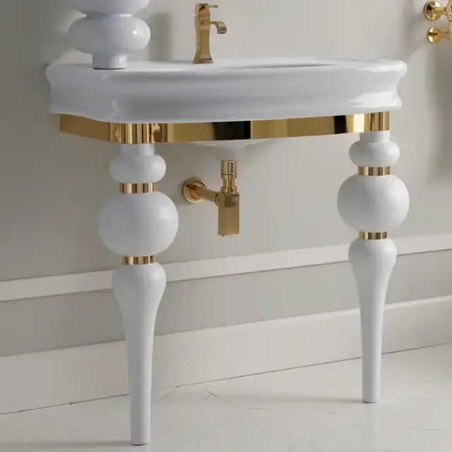 3SC VIA VENETO Консоль с раковиной LANTE 90 см,цвет белый глянец, в комплекте с сифоном, напольная, цвет консоли белый матовый/золото 24к.