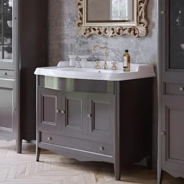 TW Veronica, База с раковиной Simas AR874bi*1 105x56см, с 1отв., 3 расп. дв. и 1ящик, доводч. Blum, ручки: Riflesso бронза, напольная, цвет: GRIDGIO