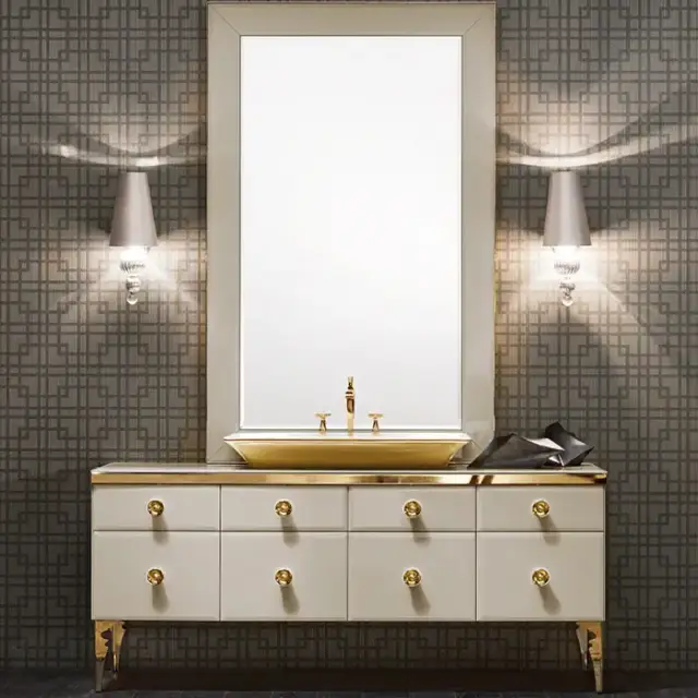 VITAGE milldue edition MAJESTIC Комплект мебели с базой 180см, раковиной NIZZA, зеркалом GINEVRA и светильниками,  напольная, ручки золото Цвет: mandorla-13/золото