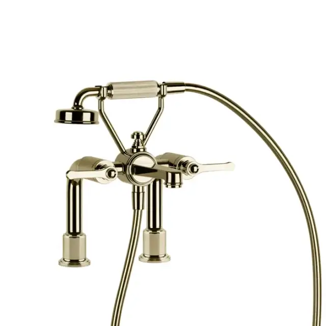 Gessi Venti20 Смеситель для установки на борт ванны на 2 отверстия, двухвентильный, с ручным душем и шлангом 1500 мм., цвет: Brass PVD