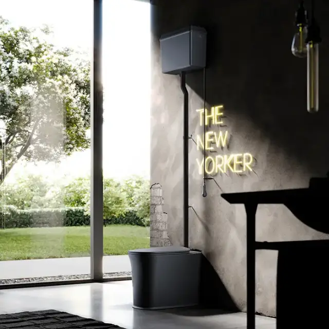 Kerasan The New Yorker Унитаз напольный 60х36.5см с высоким бачком, фурнитура: черный, цвет: черный матовый