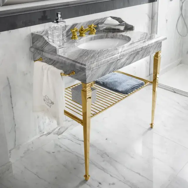 3SC Consolle Консоль Regale 95х60хh77см, с 1 раковиной, сифоном, полкой и полотенцедердателями, напольная, цвет: золото 24к. Lucido