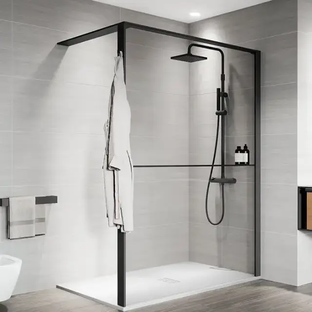 Novellini Kuadra HWS Душевое ограждение 137-140х200cм., с свободным входом, Dx, с полкой, стекло прозрачное, цвет: черный матовый