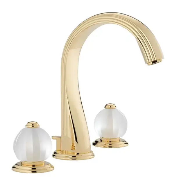 THG Mandarine satin crystal Смеситель для раковины на 3 отверстия, с донным клапаном, цвет: полированное золото