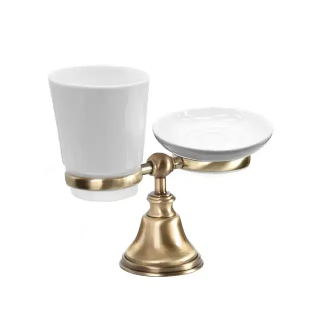 TW Harmony 141, настольный держатель с мыльницей и стаканом, керамика (бел), цвет: бронза