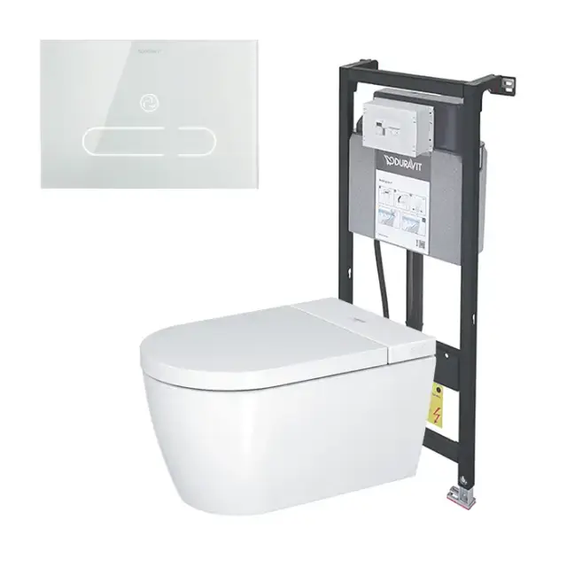 Duravit Starck F Plus Унитаз подвесной, безободковый, с сиденьем Sensowash, инсталляцией и клавишей, покрытие Hygieneglaze, цвет: белый