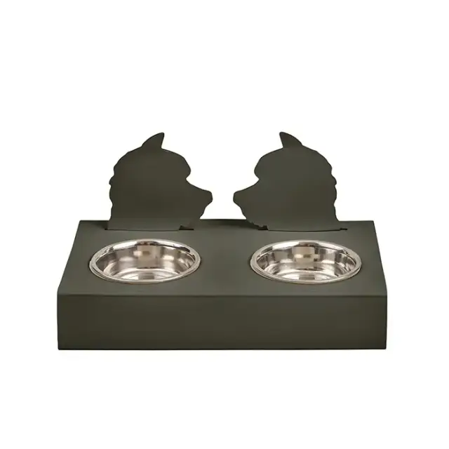 ADJ Подставка с мисками Dog, хром, 40x22xH7.5 см., цвет: оливковый/горчичный