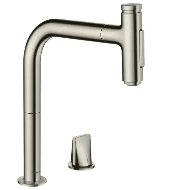 Hansgrohe Metris M71 Смеситель для кухни, на 2 отв, поворотный излив: 22.1см с вытяжным душем, 2jet, h:20.8см, sBox, цвет: нержавейка