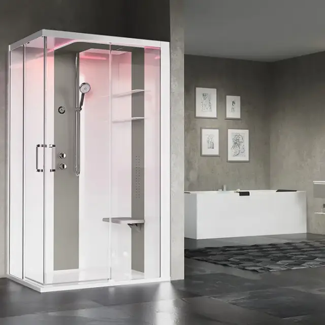 Novellini Skill A Душевая кабина 120х80х217.5cмм., Dx, Essential, поддон 12.5см., с термостатическим смесителем, стекло, цвет: белый глянц/Light grey