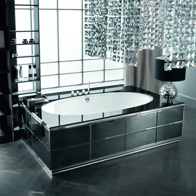 VITAGE milldue edition Ванна 190х100см, стальная, подача воды из водослива, в комплекте с сифоном, основанием и зеркальным топом, отдельностоящая, цвет: белый/Fumè