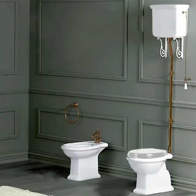 SIMAS Lante Унитаз напольный, выпуск в стену, 38,5х58см, с высоким бачком, с фурнитурой, цвет: белый/бронза