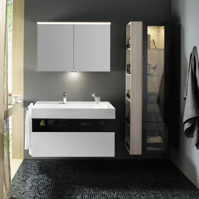 Burgbad Yumo База 101.5х64х47см.с умыв из мин литья с 1 отв под смес,2 выдв ящика с ручкой  Мокка G0179.верхн ящик из дымч стекла, подвесная, цвет: белый глянц.