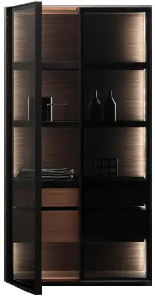 Пенал с подсветкой, 2 дверцами, стеклянными полками и 2 внутренними ящиками 80*35*150h Burned wallnut-N6/Alluminio nero opaco/smoke grey glass