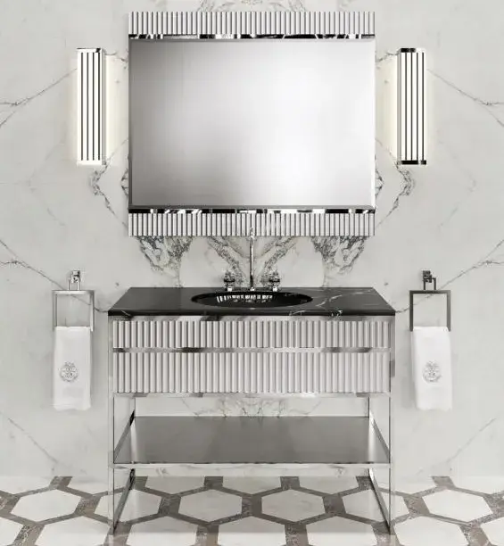 Консоль для ванной комнаты Oasis ACADEMY 0AC1CP1084530110CR + 0ACTTS100253110LED + 0LVBSTC00000001 + 0ACTSFS00000000 + 0AC1XXX10000066CR декор ribbed G002 белый лак, мрамор-Emperador dark, хром