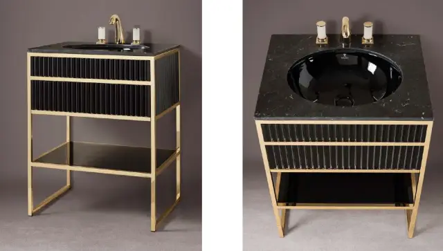 Консоль для ванной комнаты Oasis ACADEMY 0AC1CP108453066OR + 0LVBSTC00000005 + 0ACTTS100253066LMQ рама-золото,декор ribbed G556 черный лак,раковина (54*41*h19 встроенная)-черная керамика,топ на 3 отв.-nero marquina