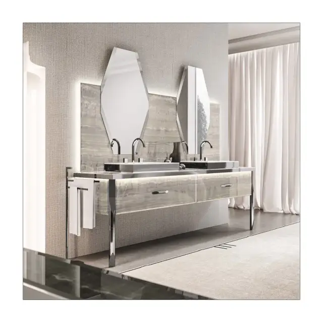 Комплект мебели с раковиной Milldue HITLON 5802*2+5800.DX+5800.SX+9264*2+5815+5818+2474*2+5819*2 ALABASTRO GOLD-96/ACCIAIO LUCIDO-98