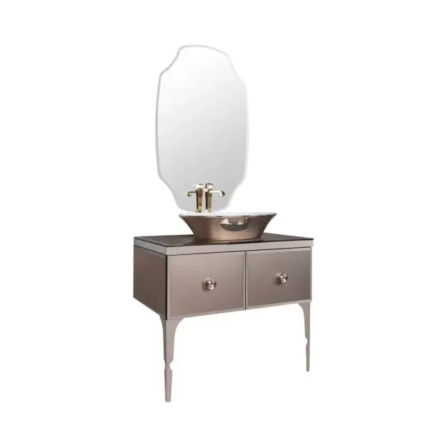 Комплект мебели с раковиной Milldue MAJESTIC 7348+7339*2+9667+2474+9848+4138 черный матовый лак, bronzo acidato miror, ножки acciaio lucido inox98, ceramica bianco lucido/platino