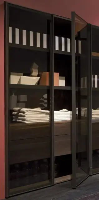 Пенал напольный 90*47*175h корпус Rovere thermo, фасад и полки Bronze, стекло Transparent Bronze