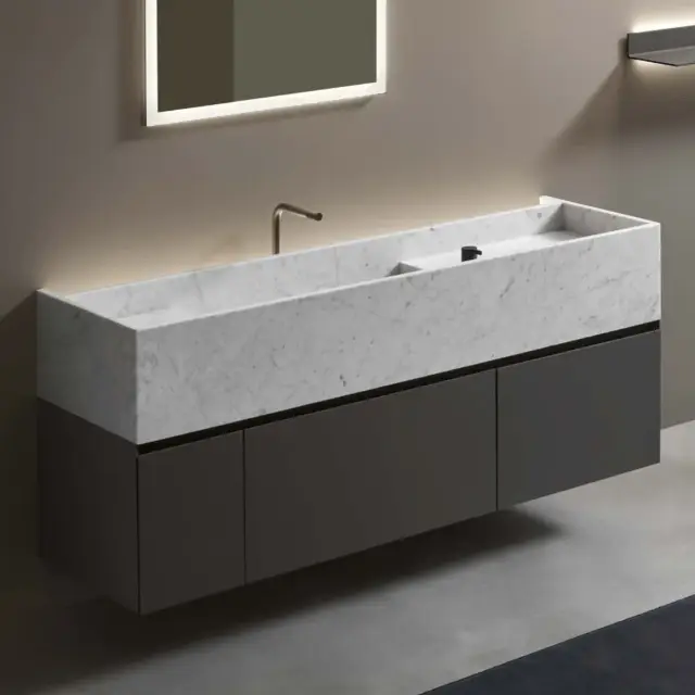 Комплект мебели с раковиной Antonio Lupi STREET CSB374727T.SX+SLIM40.27+CSP374772+SLIM40.72+CSB374754T.DX+SLIM40.54+STREET347.153+STREET24772+STREETLED+BRIDA35*2+NANO+SRI4027+SRI4072+TEKNA2112.108+ES101QV+ES601RV+DOMINO54_N+DOMINO54_L тумба и полка-SMOKE SETA, столешница с раковиной-мрамор BIANCO CARRARA, органайзеры-стекло FUME, вкладыши-NOCE CANALETTO, смеситель-SMOKE OPACO, сифон-черный матовый