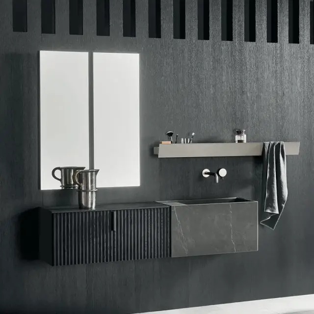 Комплект мебели с раковиной Arbi CODE WAVE B11M+T13B+A096.SX+5698+6953*2 тумба-ROVERE INCHIOSTRO-823/топ-LAMINAM PIETRA GREY OPACO-AV/раковина-LAMINAM PIETRA DI SAVOIA ANTRACITE-AG
