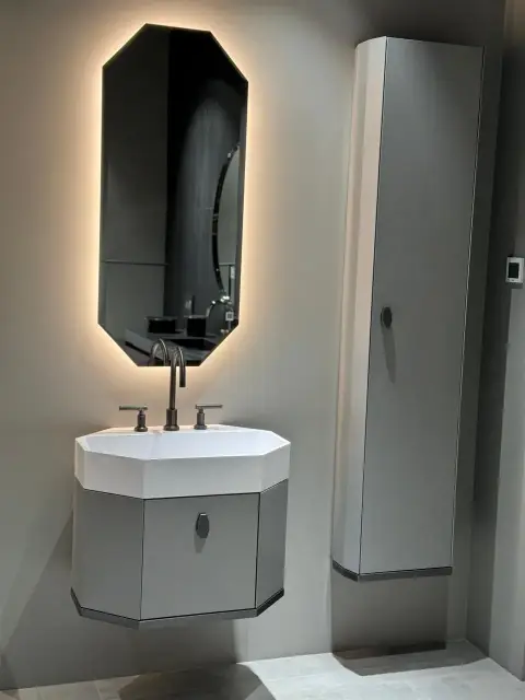 Комплект мебели с раковиной Milldue Dandy 7686+7685.DX+7685.SX+7727+7643+7765.DX+7763.DX+7763.SX+7728 цвет-LACCATO OPACO PIETRA/ORO NERO SATINATO, раковина-белая